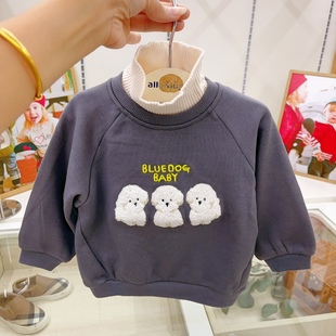 韩国23年冬款男女宝宝童装米色灰色圆领加绒拼接领卡通可爱卫衣A5