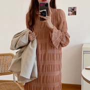 韩国chic秋季法式温柔木耳边立领，褶皱肌理感设计喇叭袖连衣裙长裙