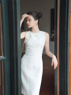 24春夏季白色无袖修身显瘦气质职业OL中长高级感纯色连衣裙女