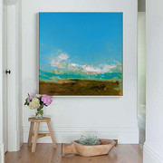 简约复古蓝色天空高山，留白巨幅抽象现代手工油画装饰画边柜墙壁画