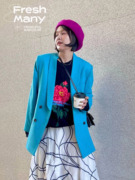 限量 原创日本进口稀有宝石蓝羊毛粗花彩点复古西装女西装外套