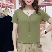 韩国芥末绿短袖V领T恤女夏2024优雅百搭漂亮显瘦气质宽松上衣