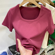 ins超火方领露锁骨短袖T恤女夏季韩版设计感小众洋气体恤小衫上衣
