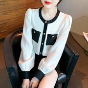 2023秋季小香名媛风长袖女士雪纺衬衫法式设计感小众拼色上衣