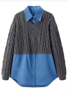 c014女装秋冬季毛衣，拼接衬衣时尚蓝色，衬衣假两件外套上衣