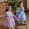 韩国童装2023秋季seo，爱沙公主蕾丝收腰洋装，蓝色连衣裙