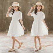 女童连衣裙夏装2024中大童白色，裙子夏季女孩蕾丝公主裙超洋气