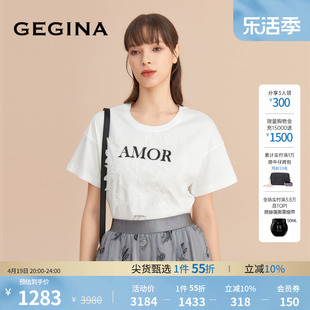 100%棉GEGINA吉吉娜白色纯棉短袖t恤女绣花上全棉衣商场同款