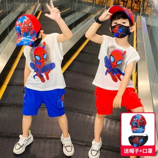 男童蜘蛛侠套装2024儿童，夏季卡通男孩衣服，休闲韩版两件套童装