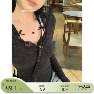 王少女(王少女)的店灰色，蕾丝花边纯欲打底针织衫2024早春辣妹短款v领上衣