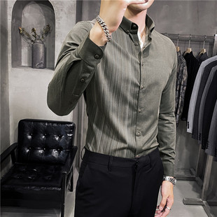 时尚印花衬衫男士条纹休闲长袖衬衫韩版潮流加厚加绒寸衣修身上衣