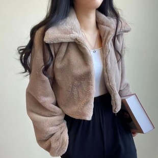 韩国chic秋冬法式减龄拉链翻领，保暖毛绒绒(毛，绒绒)皮草外套女短款开衫外套