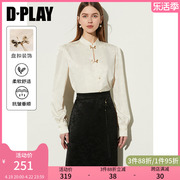 dplay2024白色新中式上衣长袖，盘扣国风春日女士衬衫