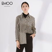 EMOO杨门冬季logo印花格子长袖宽松衬衫女英伦风翻领衬衣