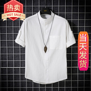 纯棉七分袖衬衫男夏季棉麻中国风口袋立领7分寸衫中袖衬衣短袖T恤