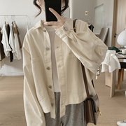 工装外套女式春秋季韩版宽松显瘦大口袋长袖，复古棉质简约上衣
