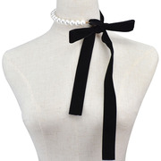 欧美夸张时尚珍珠丝带项圈 可调节长度黑色缎带项链 蝴蝶结项饰品