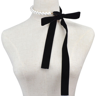 欧美夸张时尚珍珠丝带项圈，可调节长度，黑色缎带项链蝴蝶结项饰品