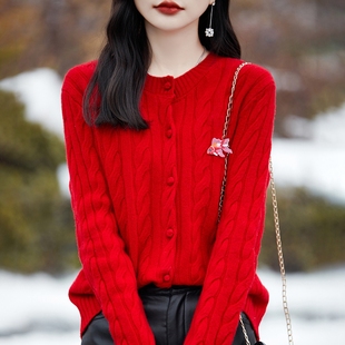 新年红圆领扭花100%纯羊绒开衫女加厚外套毛衣宽松羊毛针织衫上衣