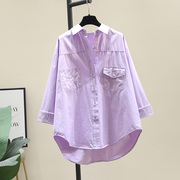 浅紫色棉衬衫女2024春装韩版宽松休闲设计感小众衬衣上衣外套