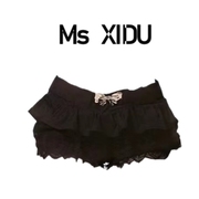 Ms XIDU 黑色高级感纯欲辣妹短裙蝴蝶结蕾丝设计感半身裙女短裤裙
