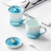 景德镇陶瓷杯子马克杯带盖咖啡，对杯水杯可爱创意男女情侣家用
