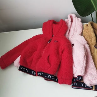 3-16岁女童秋冬装红色，外套加厚保暖连帽毛毛衫，拉链大衣夹克