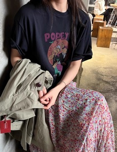 韩系卡通大力水手短袖圆领t恤女2024设计感减龄可爱风上衣潮