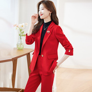红色西装外套女秋季2023小个子，职业套装气质，正装女士休闲西服