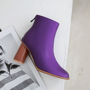 欧美紫色短靴舒适粗跟后拉链紫色高跟短靴大码44 45 46 47 48