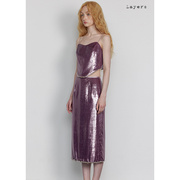 layers丝光紫撞色钻链装饰直筒半身裙