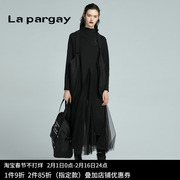 Lapargay纳帕佳2023秋冬黑色裙子设计感小众网纱拼接连衣裙潮