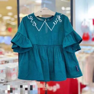韩国潮童装 夏女童宝宝绿色喇叭袖圆领纯棉娃娃衫 短袖衬衣衬衫