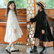 女童连衣裙春秋新中式衬衫裙，纯棉儿童裙灯笼袖，纯色大童女孩蛋糕裙