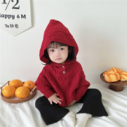 ins秋款韩版女童可爱连帽毛衣，宝宝洋气麻花，披肩斗篷针织套头上衣