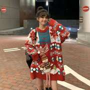 重工圣诞毛衣中长款慵懒风红色，女大码圣诞节服装日系复古甜美外套
