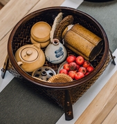 日式竹编收纳篮漆器，工艺品茶盘茶台多功能，茶道家用茶具收纳盒防尘