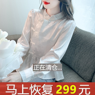2023秋季白色雪纺蕾丝衬衫女新中式盘扣高级感长袖娃娃衫上衣