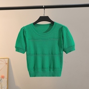 夏季绿色泡泡袖t恤冰丝圆领套头，2024超薄透气小孔针织打底衫