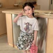 女童T恤套装夏装2024儿童韩版时髦亮片包臀裙女宝夏季两件套