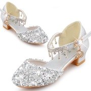 公主鞋女童鞋子银色水晶鞋时尚亮片中小学生演出鞋小孩儿童高跟鞋