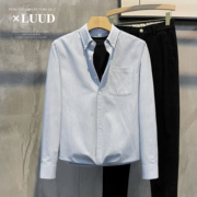 luud2024纯棉文艺范蓝色(范蓝色，)条纹衬衫男士气质，简约百搭长袖修身上衣
