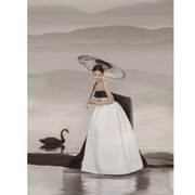 中国风新中式禅意山水画水墨画民国风古装婚纱摄影背景布拍照定制