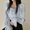 韩国chic法式温柔方领露肩两穿系带，水墨印花设计泡泡袖衬衫上衣女