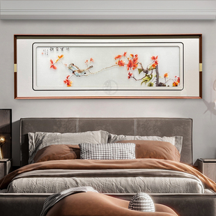 苏绣挂画床头手工新中式现代实木框玻璃背景墙壁画风景刺绣装饰画