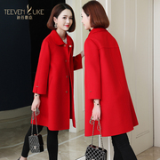 红色呢子大衣2020新双面(新双面)呢羊毛外套，韩版秋冬中长款水波纹气质女装