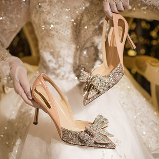 羊皮单鞋女2024年夏季百搭水钻蝴蝶结法式高跟鞋，女细跟结婚鞋