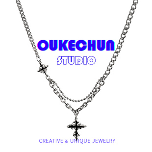 oukechun中性风黑色十字架项链，男潮ins嘻哈配饰，小众轻奢毛衣链女