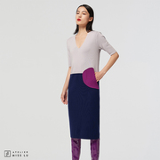 AtelierMissLu设计师品牌三拼色绵羊毛直筒连衣裙