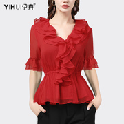 雪纺衫女短袖荷叶边v领上衣洋气红色收腰显瘦洋气夏季时尚